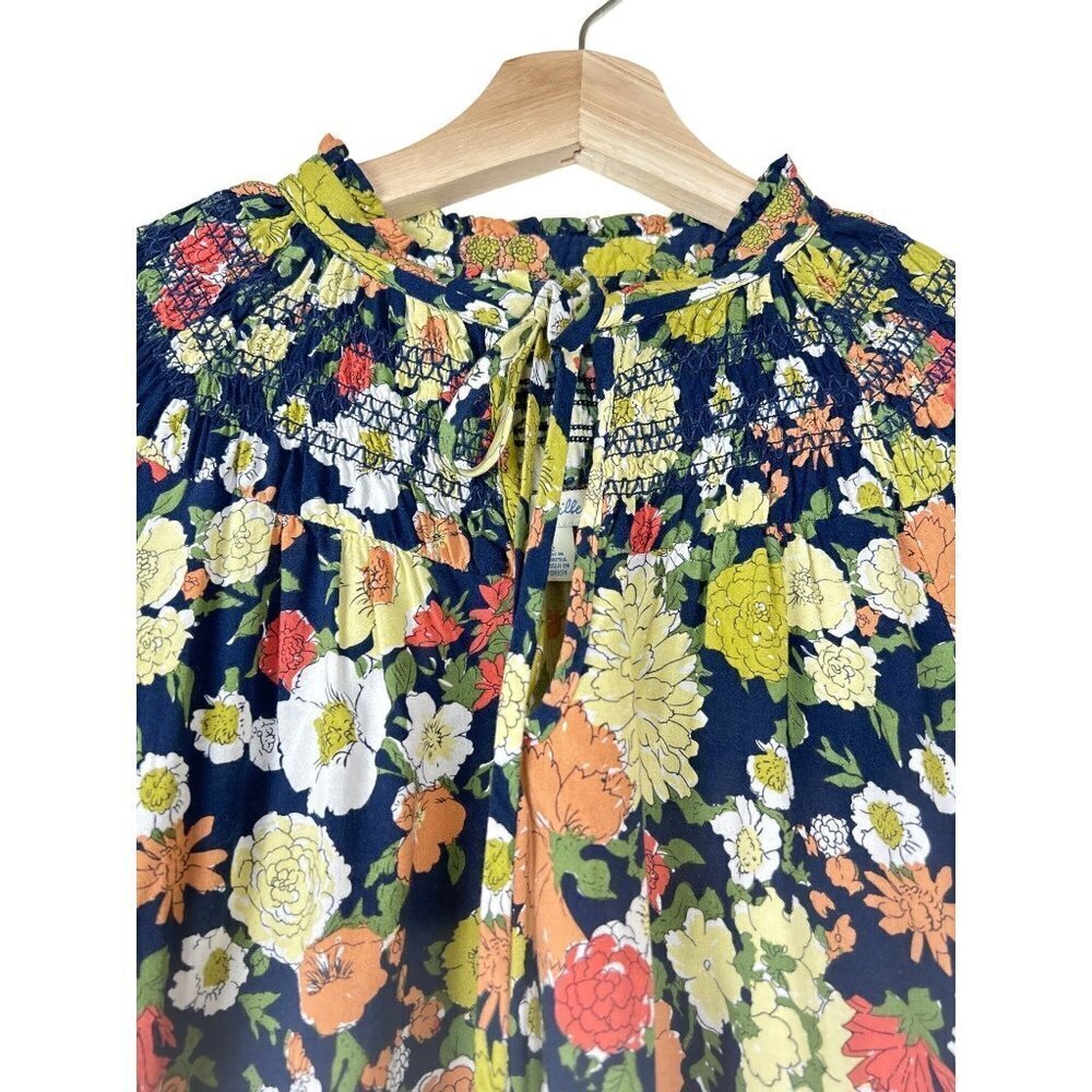 Odille Navy Floral Smocked Neck Long Sleeve Top Size 2 - Picture 3 of 9